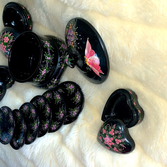 Vtg 70's hand painted black lacquered WOOD trinket box coaster set LOT - Picture 6 of 12